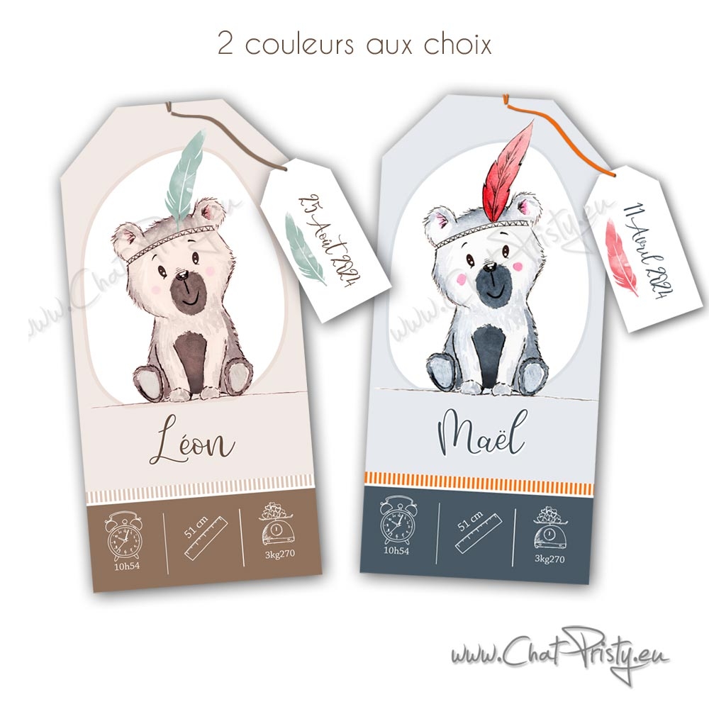 Faire-parts de naissance avec illustration ours faite main