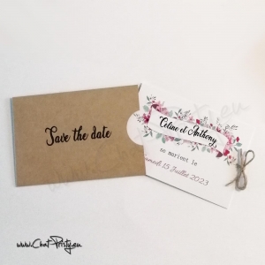 Save the Date mariage champêtre illustré à l’aquarelle avec pochette kraft
