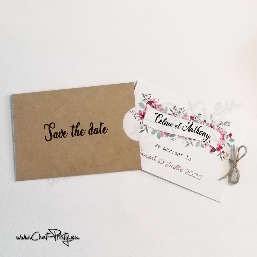 Save the Date mariage champêtre illustré à l’aquarelle avec pochette kraft