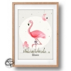 affiche naissance flamant rose Manon dans cadre bois clair