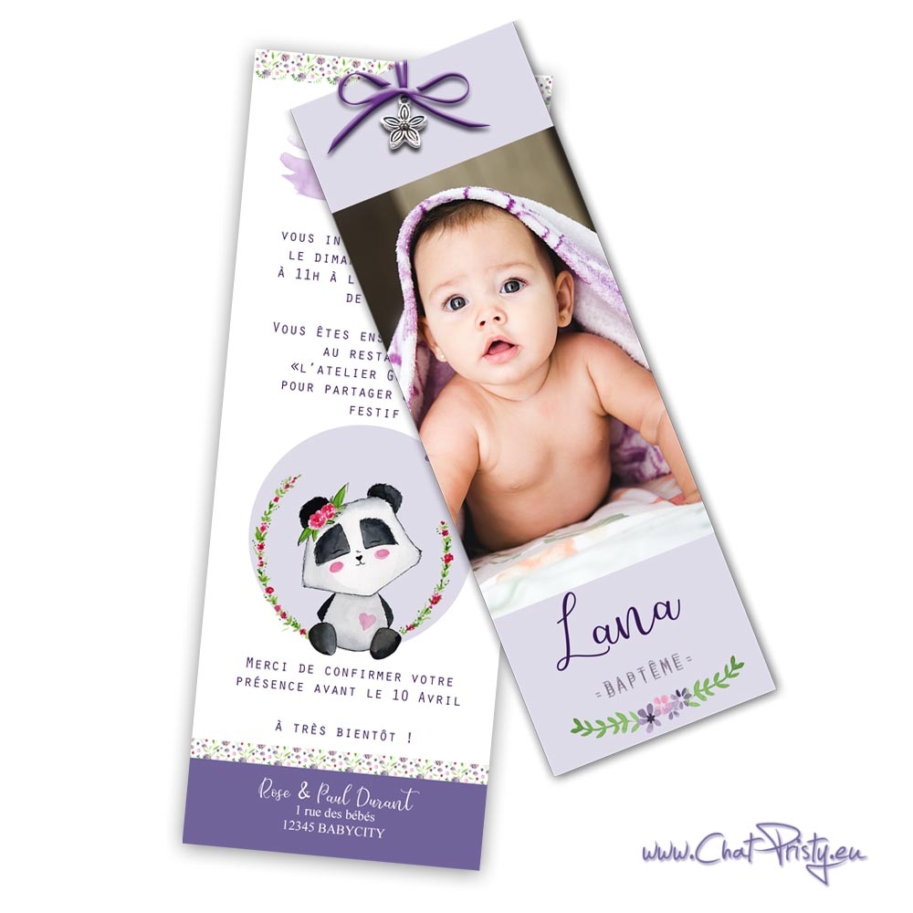 faire-part baptême panda aquarelle avec photo bébé