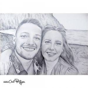 Illustration de couple en bord de mer – portrait crayon personnalisé pour la Saint-Valentin