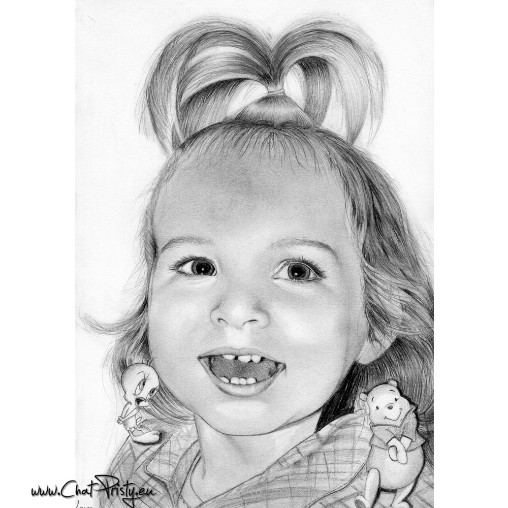 Dessin au crayon d’une petite fille souriante, portrait sur mesure d’après photo, style réaliste