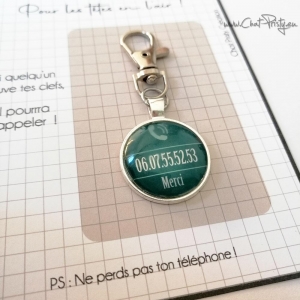 Porte-clé anti-perte personnalisé avec numéro de téléphone – modèle argenté vert