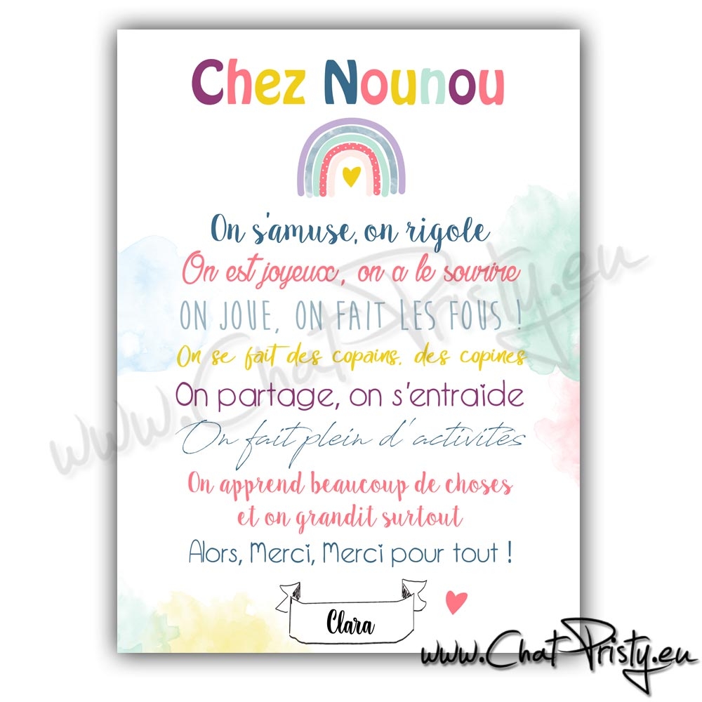 Cadeau nounou original affiche arc-en-ciel personnalisée prénom enfant