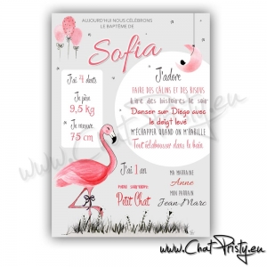 Poster baptême flamant rose avec prénom – décoration personnalisée à offrir