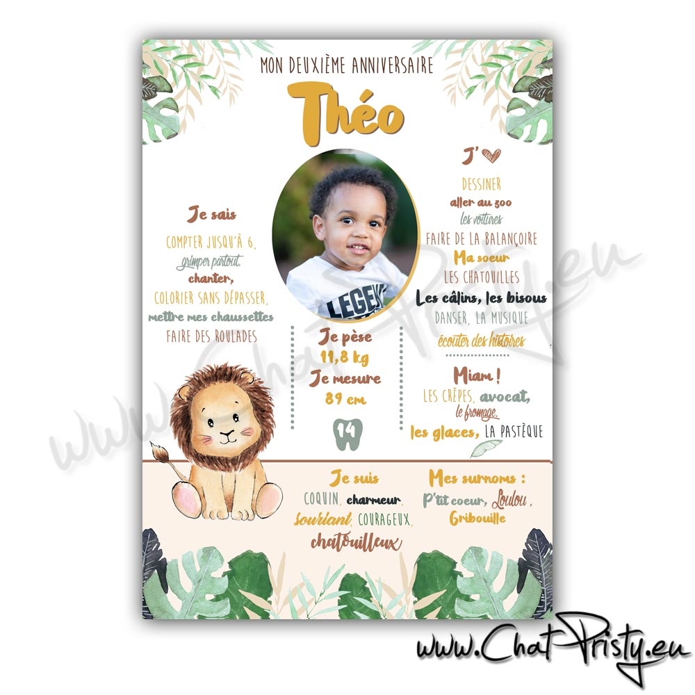 affiche anniversaire bébé personnalisée avec photo thème lion jungle