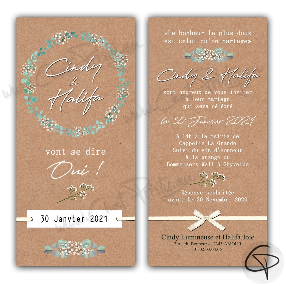 Faire-part de mariage eucalyptus sur kraft – Illustration personnalisée