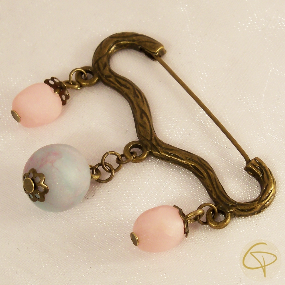 Broche pour femme perles roses et bleue bijou romantique bronze
