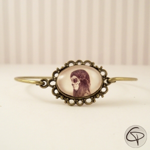 Bracelet femme catrina médaillon métal bronze fin halloween