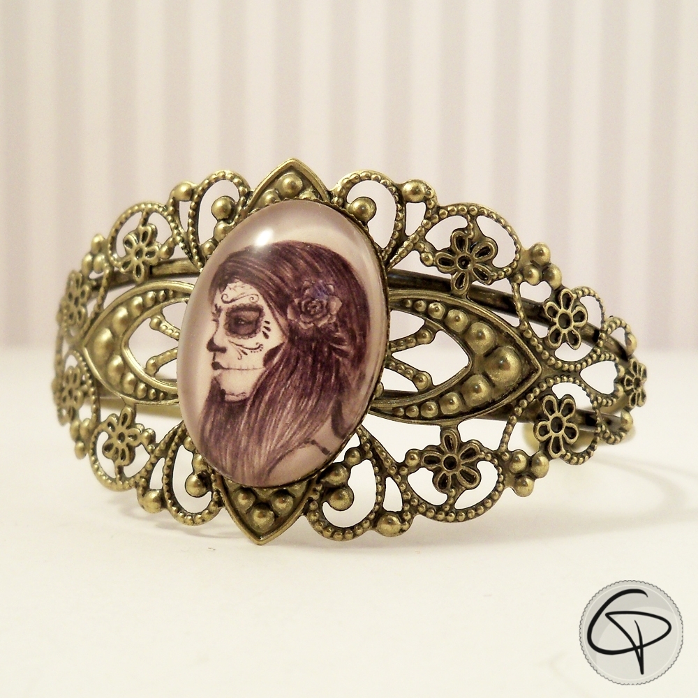 Bracelet manchette bronze catrina dessin fait main