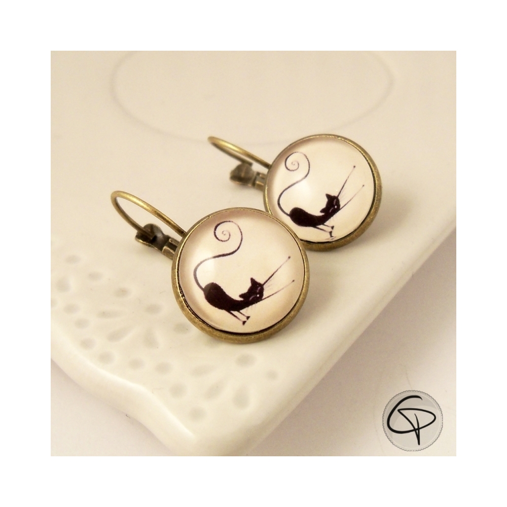 Boucles d'oreilles pendantes chat noir - Bijoux animaux