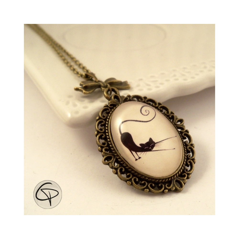 Pendentif chat noir original sautoir femme