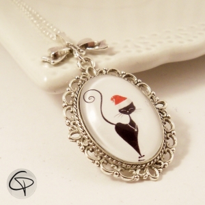 Collier pendentif chat de Noël pour femme, sautoir fait main à offrir