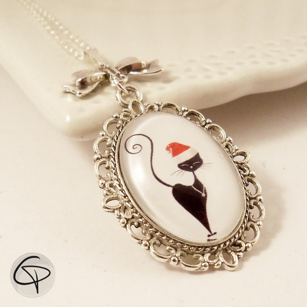 Collier pendentif chat de Noël pour femme, sautoir fait main à offrir