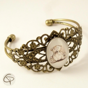 Bracelet manchette bronze dessin Ourson chat pristy