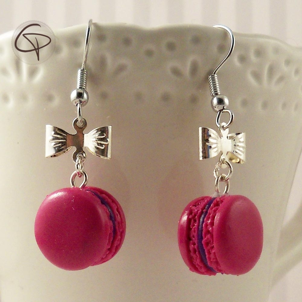 boucles d'oreilles macaron rose fuchsia fait main artisanalement