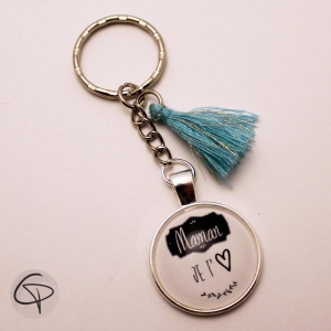  Cadeau original et personnalisé porte-clef maman je t'aime pompon bleu ciel