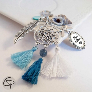 porte-clé attrape-rêves Super Maîtresse avec pompons bleus et breloques marines – idée cadeau maîtresse fait main