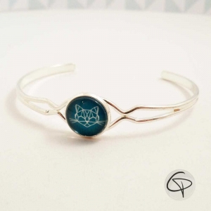 bracelet délicat femme dessin tête de chat géométrique bleu vert émeraude métal argenté