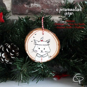 Déco original Noël chat sur rondin peint à la main