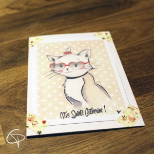Carte de voeux faite main illustration chatte à lunettes personnalisable