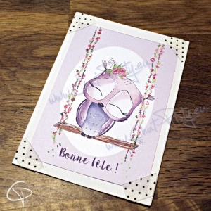 Carte de voeux artisanale à personnaliser illustration chouette mauve