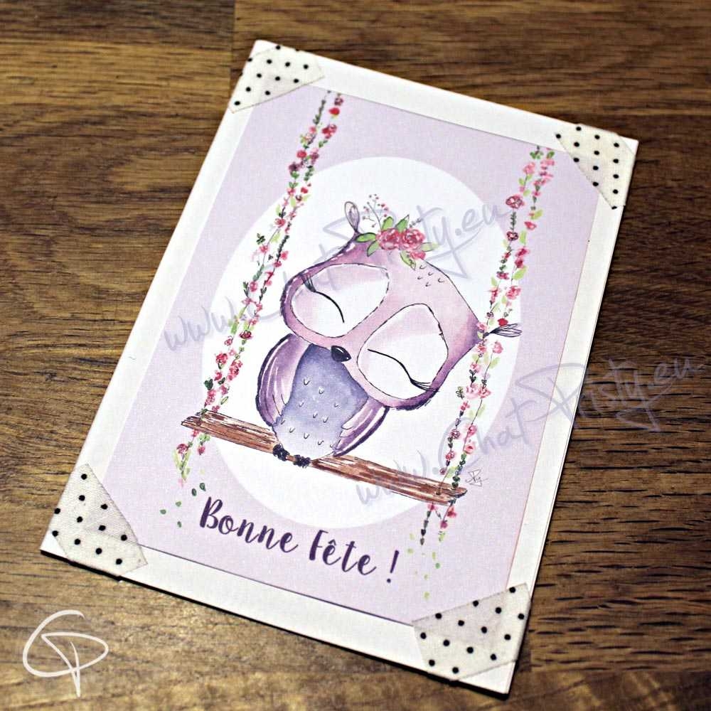 Carte de voeux artisanale à personnaliser illustration chouette mauve