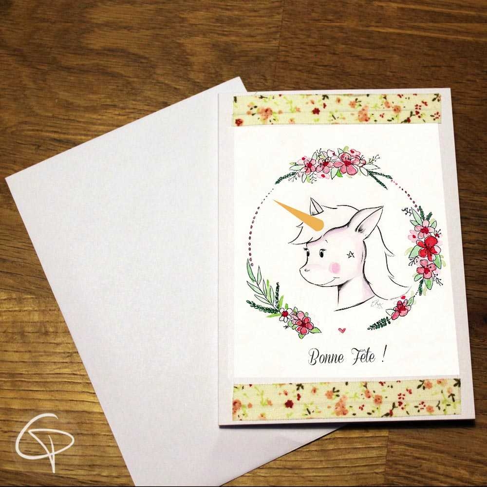 Carte de voeux artisanale illustration mignonne licorne à personnaliser