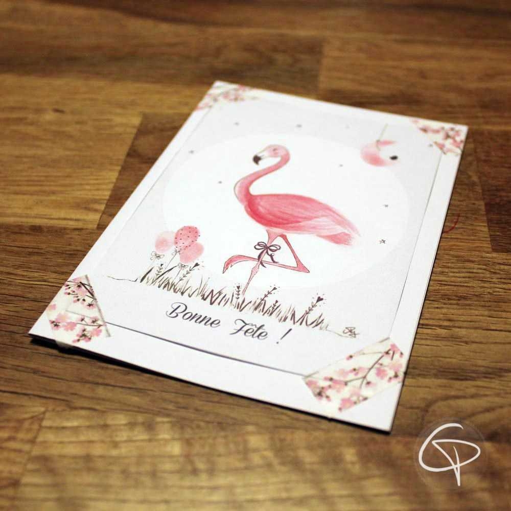 Carte de voeux artisanale illustration flamant rose personnalisable