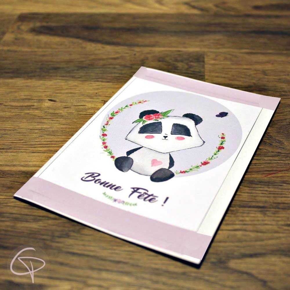 Carte de voeux personnalisée artisanale dessin panda avec fleurs