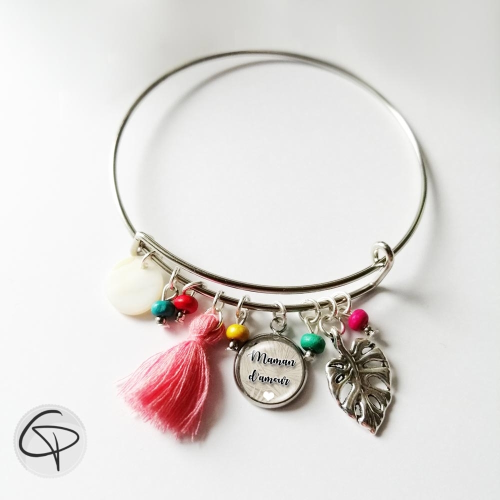 bracelet maman d'amour pompon rose cadeau fête des mères