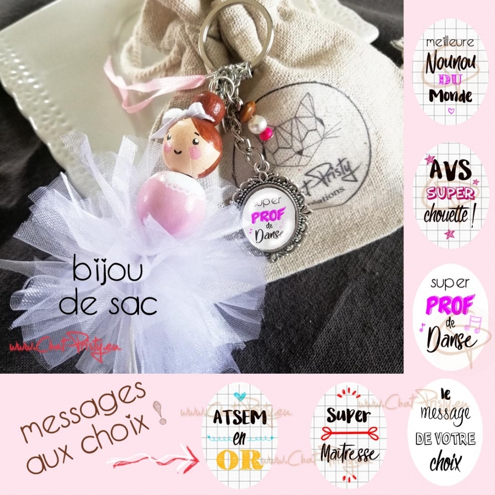 Bijou de sac poupée en bois danseuse tutu en organza, message au choix