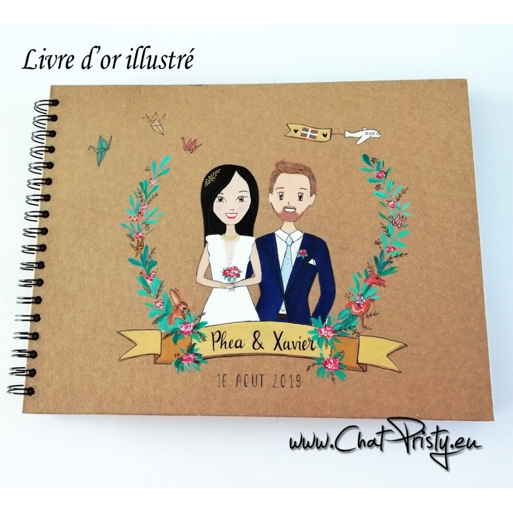 livre d'or de mariage personnalisé avec le portrait des futurs mariés 