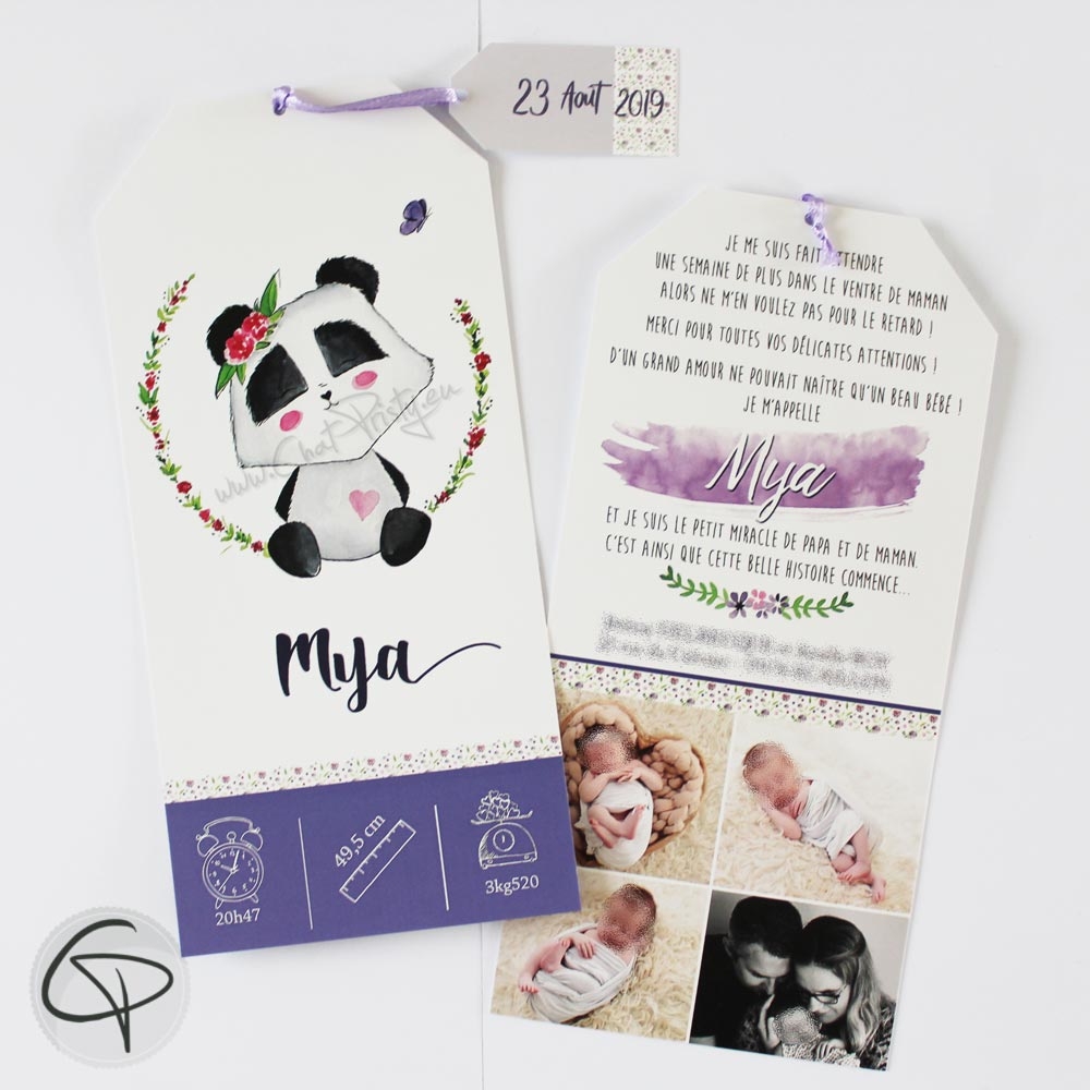 Faire-part de naissance personnalisé fille illustration panda