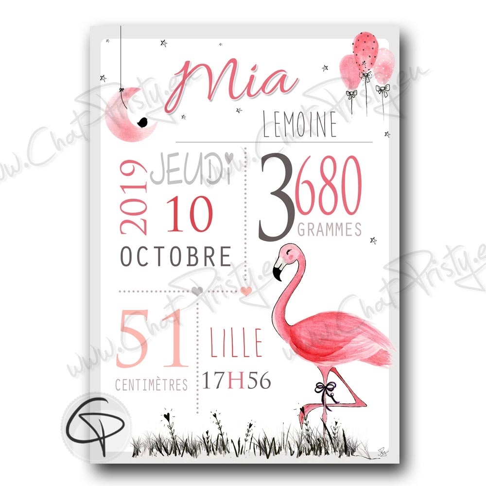 cadre de naissance original pour une fille avec un flamant rose