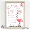 affiche de naissance illustrée d'un flamant rose personnalisé pour fille