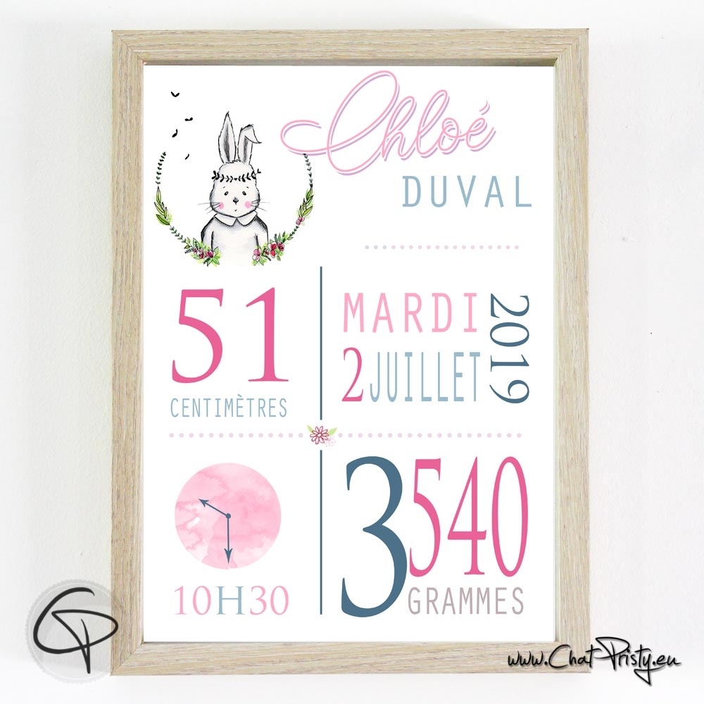 POSTER CADRE DE NAISSANCE GIRLS LAPIN FRIENDS PERSONNALISABLE (CADRE002)