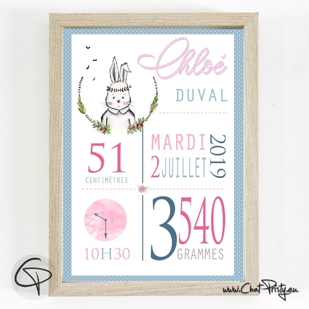 POSTER CADRE DE NAISSANCE GIRLS LAPIN FRIENDS PERSONNALISABLE (CADRE002)