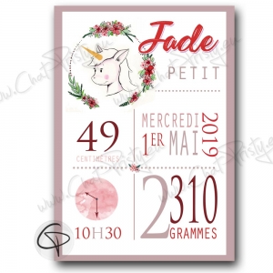 illustration de naissance fille personnalisable bébé licorne