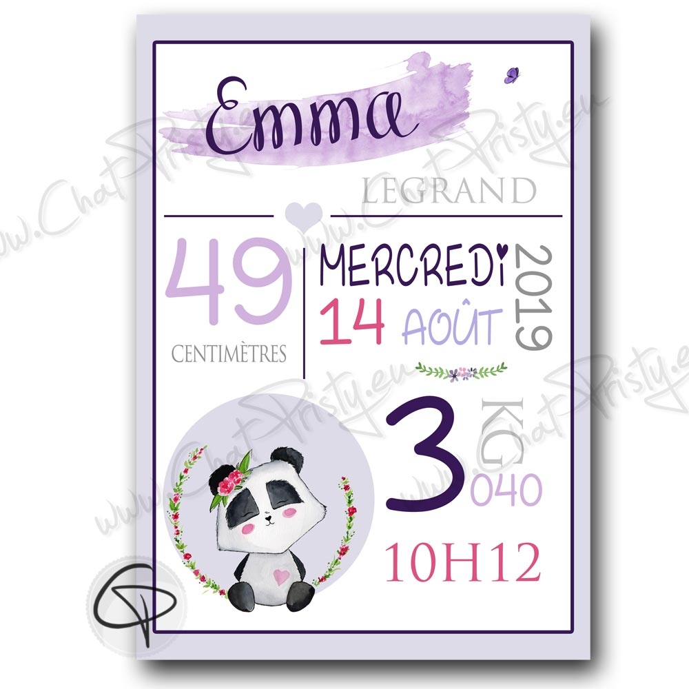 Cadre de naissance personnalisée fille avec illustration panda