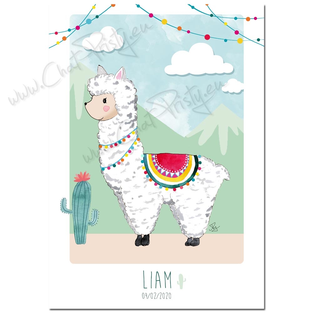 affiche naissance lama alpaga personnalisable pour enfant