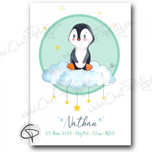 Tableau de naissance pingouin personnalisable prénom bébé