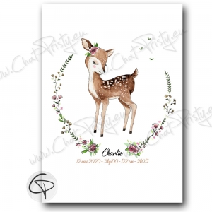 Affiche de naissance biche à l'aquarelle