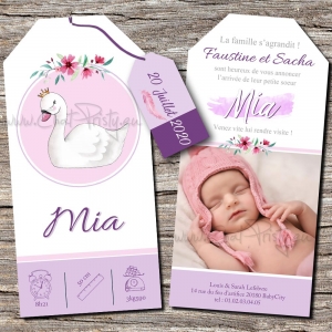 Faire-part naissance fille cygne