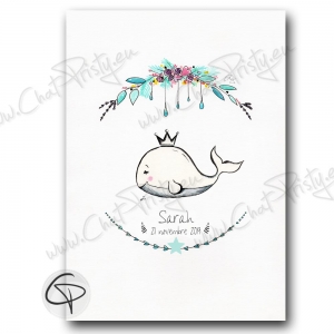 Affiche de naissance baleine personnalisable avec un prénom