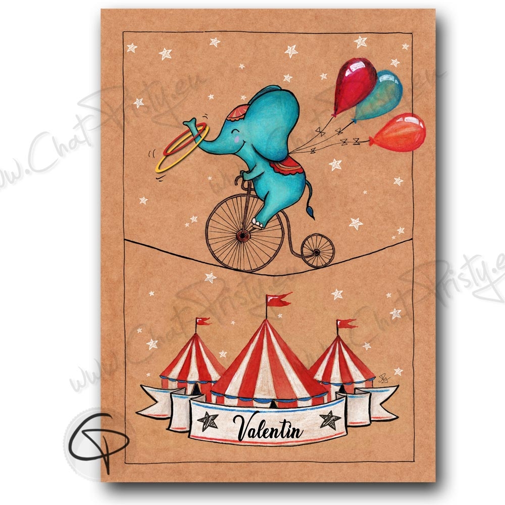 Affiche de naissance éléphant acrobate de cirque personnalisable garçon