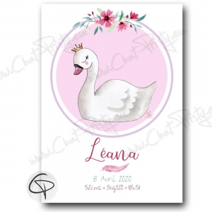 Affiche cygne cadeau naissance fille personnalisée