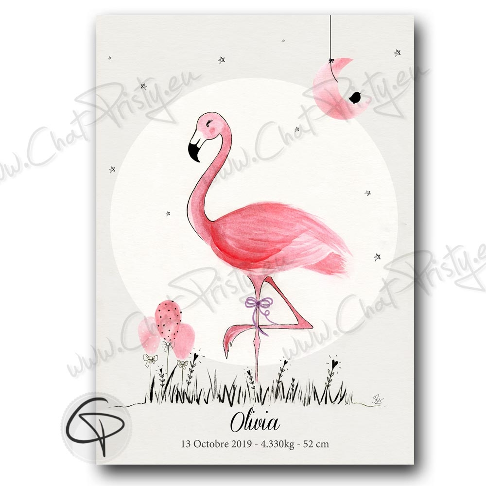 Affiche de naissance flamant rose personnalisé fille cadeau Noël