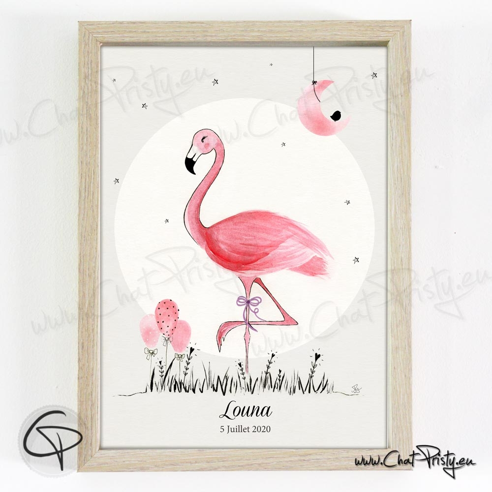 Cadre de naissance fille  Flamant rose personnalisable